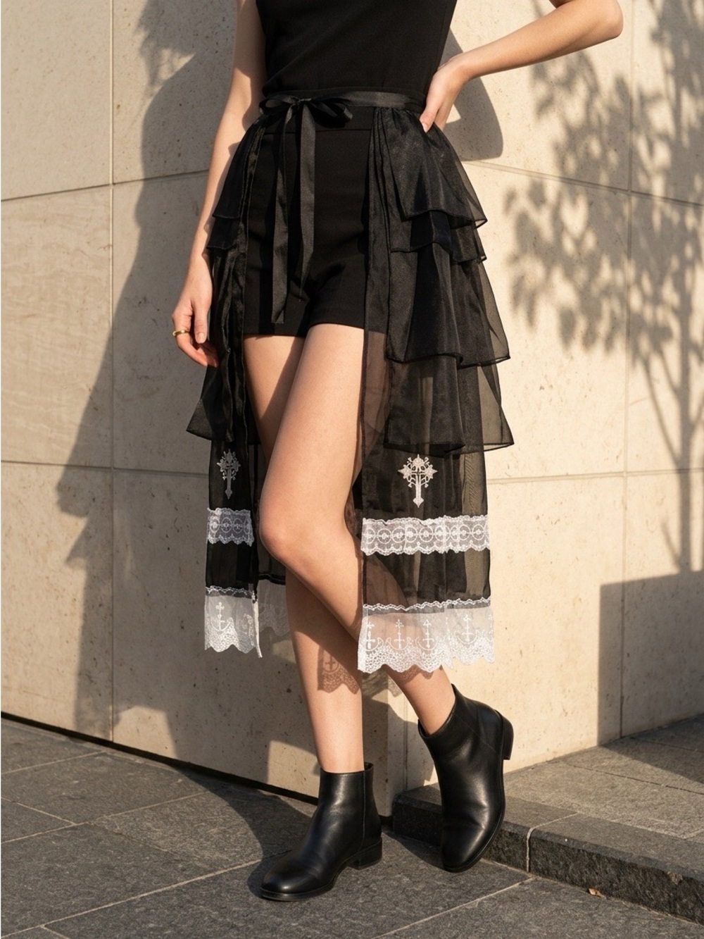 2074 - Black Lace Trim Layered High-Low Skirt-Short &  Top Not Included